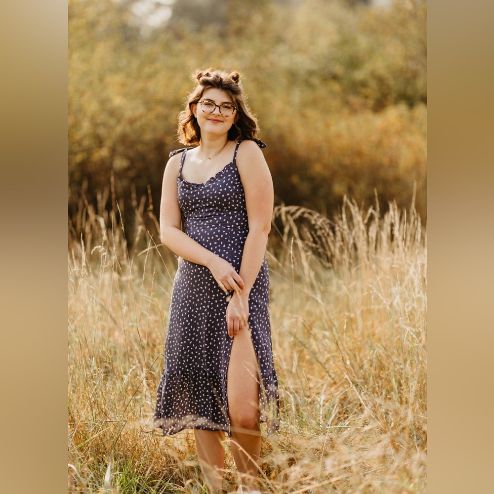 Abercrombie & Fitch | spotted midi dress with slit and tie straps